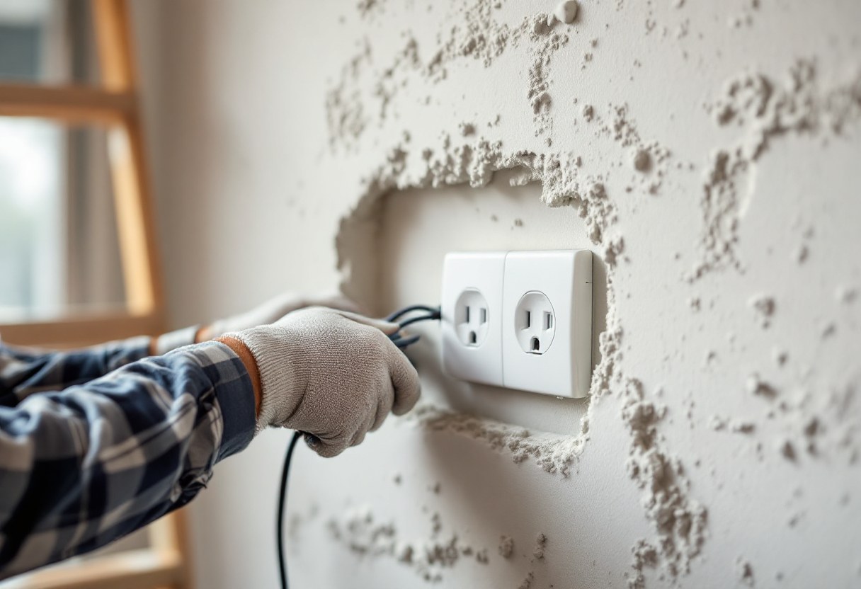 Technicien posant une gaine électrique dans un mur de rénovation