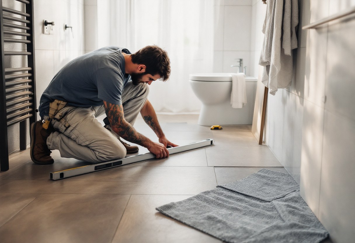 Pose de carrelage grand format dans une salle de bains belge