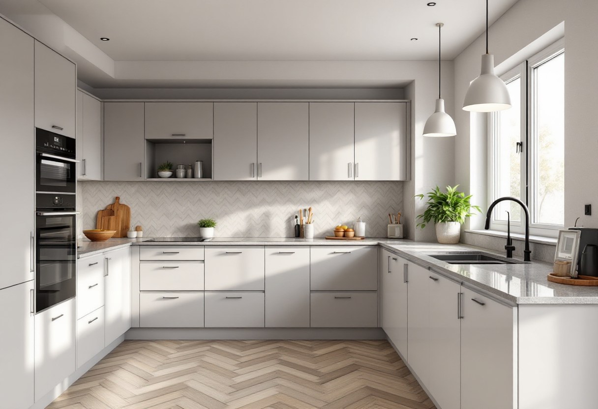 Cuisine rénovée moderne avec plan de travail et équipements encastrés