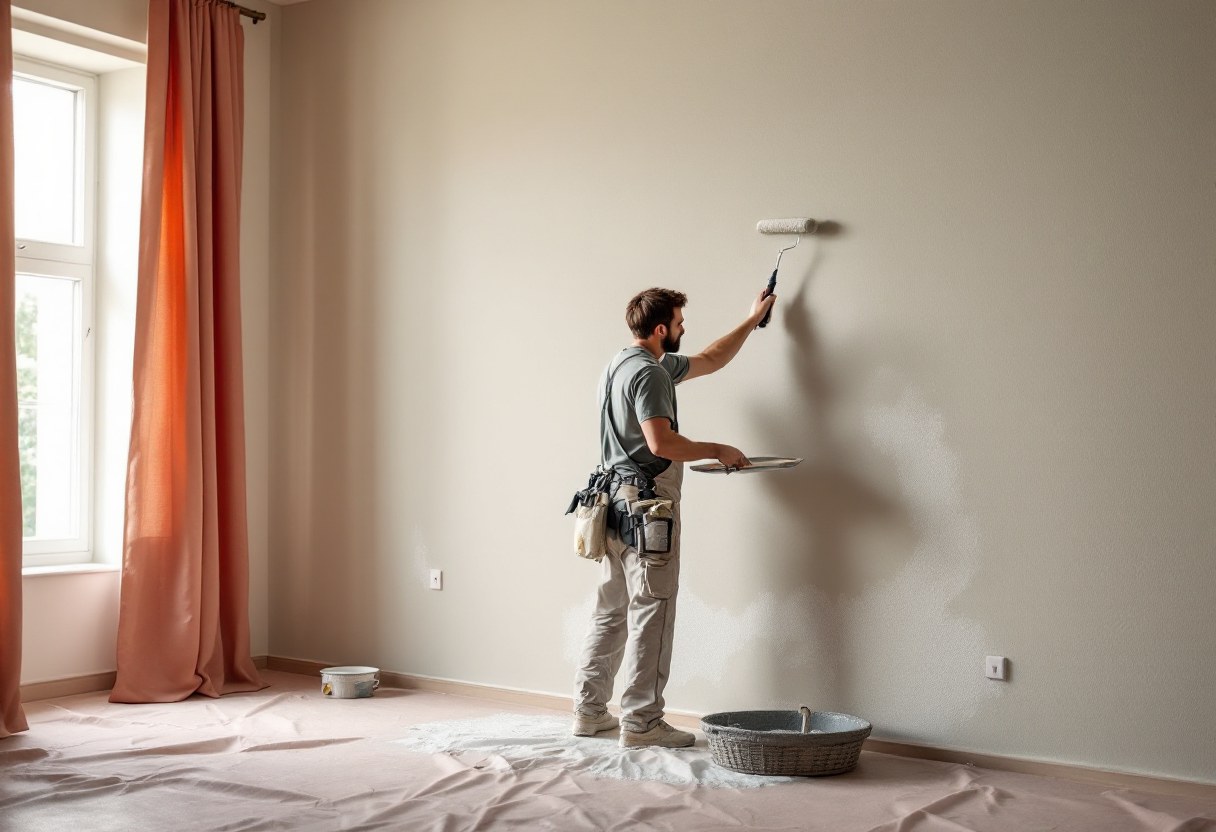 Peintre appliquant une finition soignée sur un mur plaffonné
