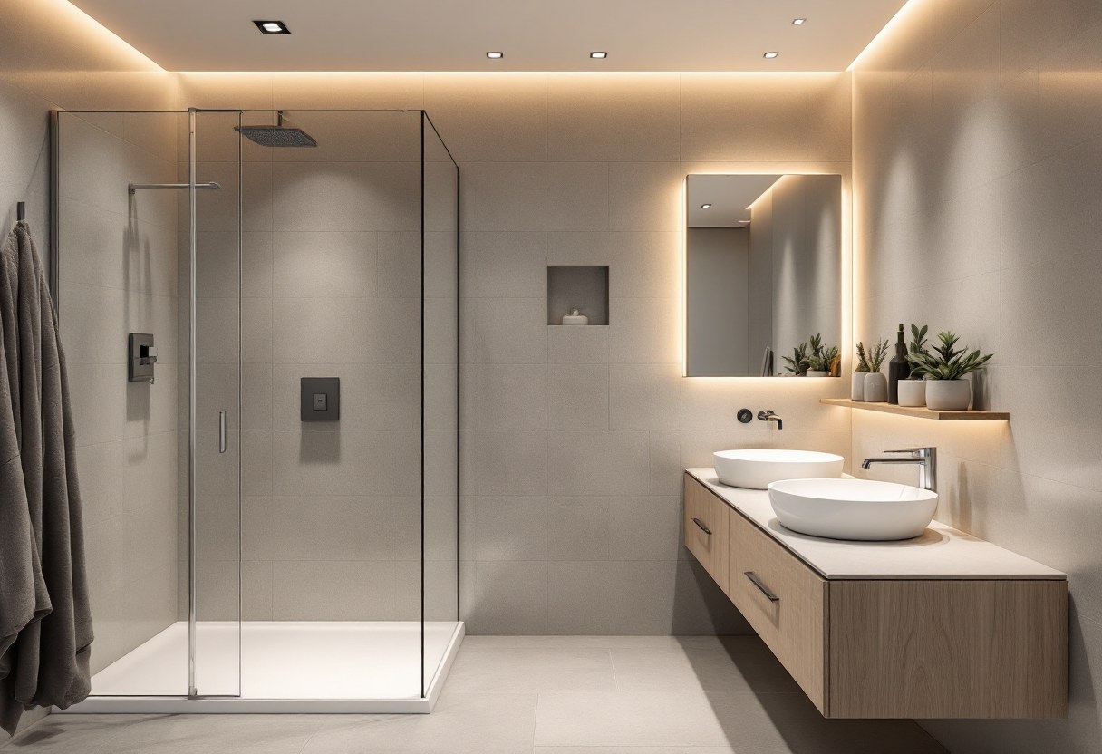 Salle de bains rénovée avec douche italienne et faïence grand format