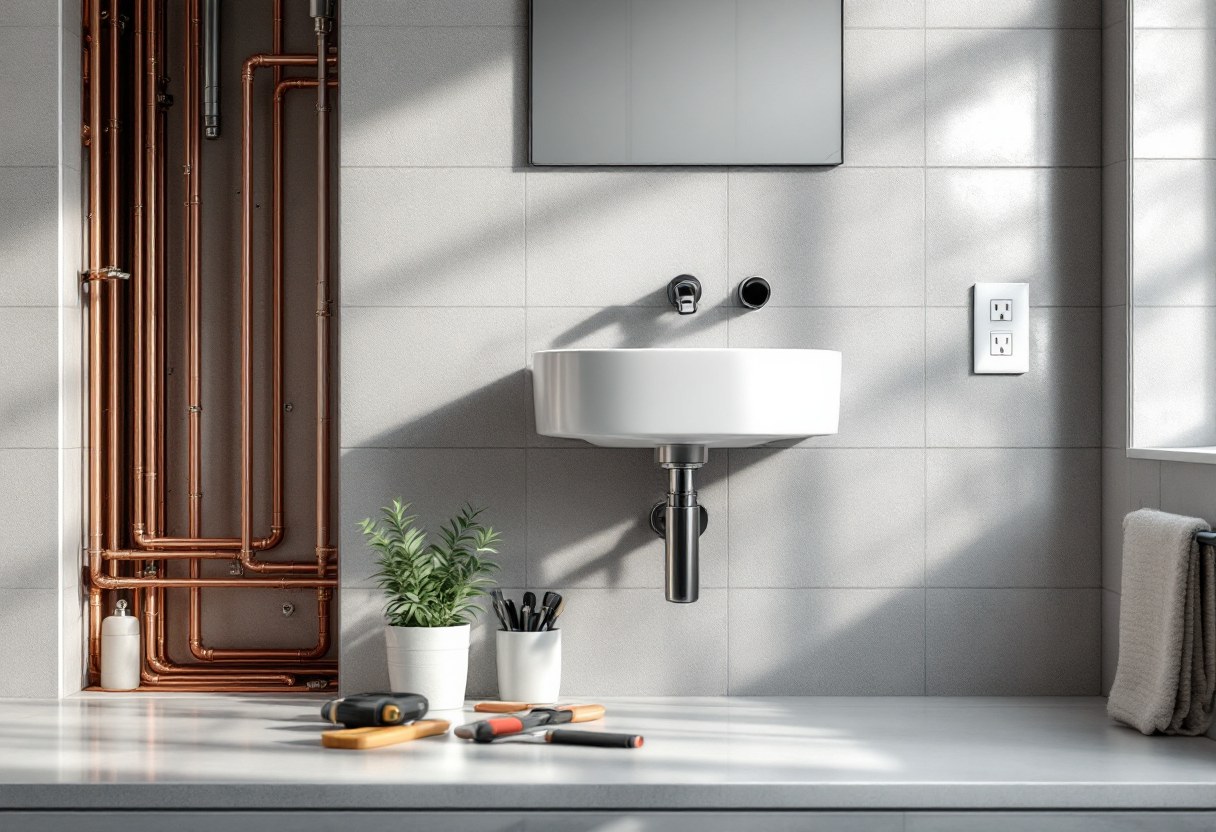 Plombier posant un lavabo suspendu dans une salle de bains rénovée