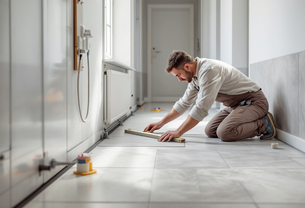 Pose de carrelage grand format dans un couloir belge rénové