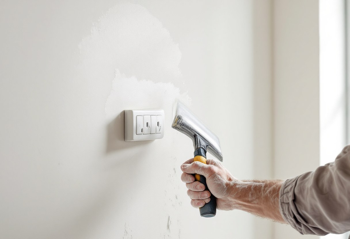 Plâtrier appliquant un plafonnage lisse sur un mur de rénovation