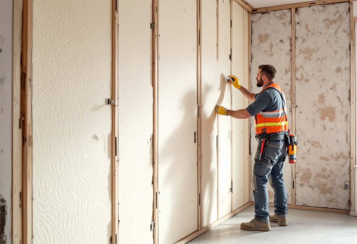 Pose de panneaux isolants sur un mur intérieur en Belgique
