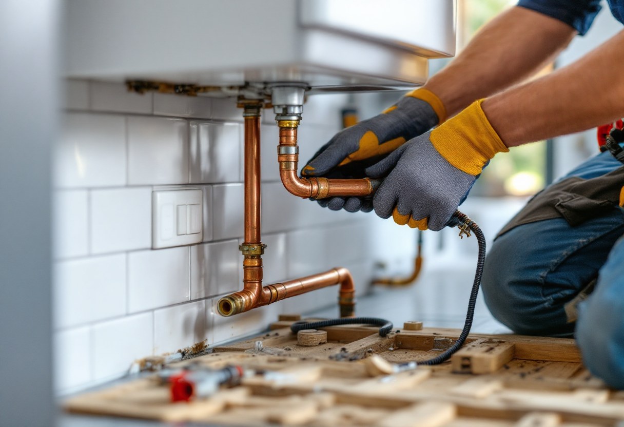 Plombier posant des tuyaux dans une salle de bains en rénovation