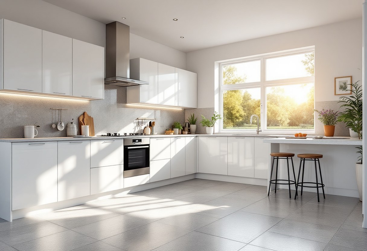 Cuisine moderne rénovée avec carrelage et menuiserie intérieure