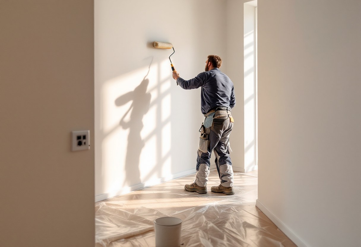 Peintre appliquant une finition mate sur un mur rénové en Belgique