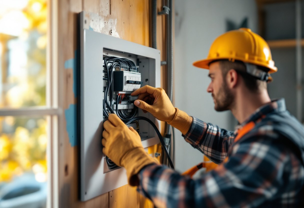 Électricien travaillant sur un tableau électrique lors d'une rénovation en Belgique