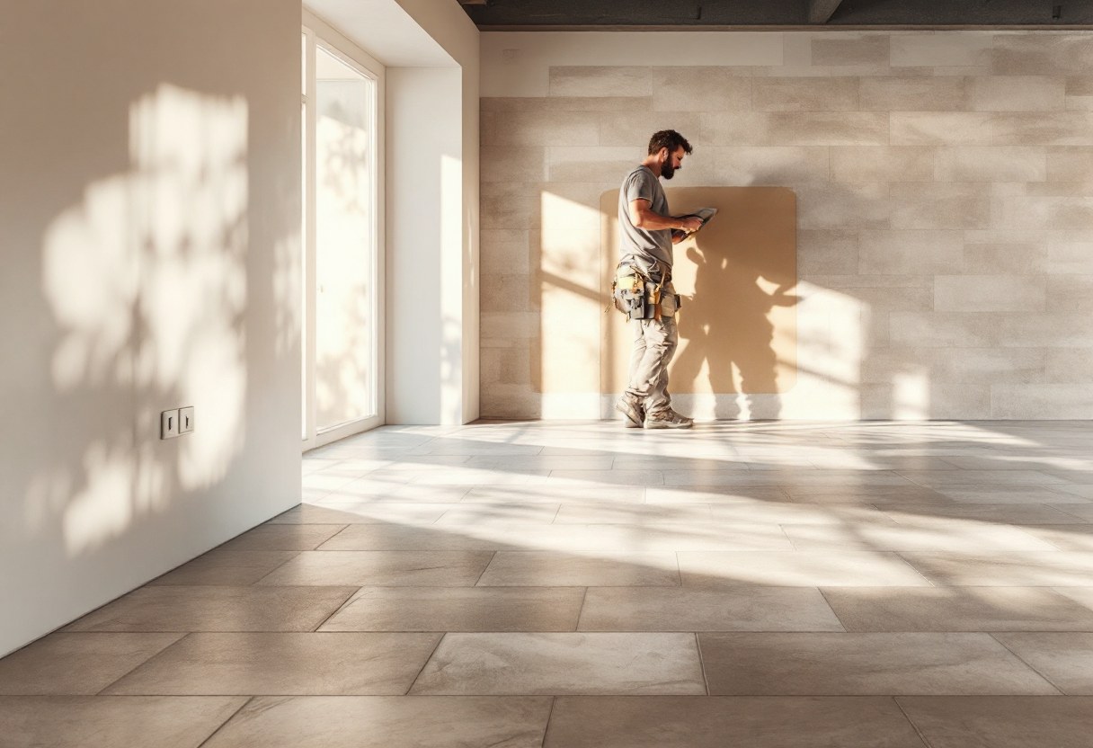 Pose de carrelage grand format dans une pièce rénovée en Belgique