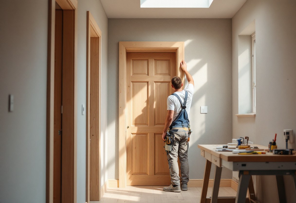 Menuisier posant une porte intérieure dans une maison rénovée en Belgique