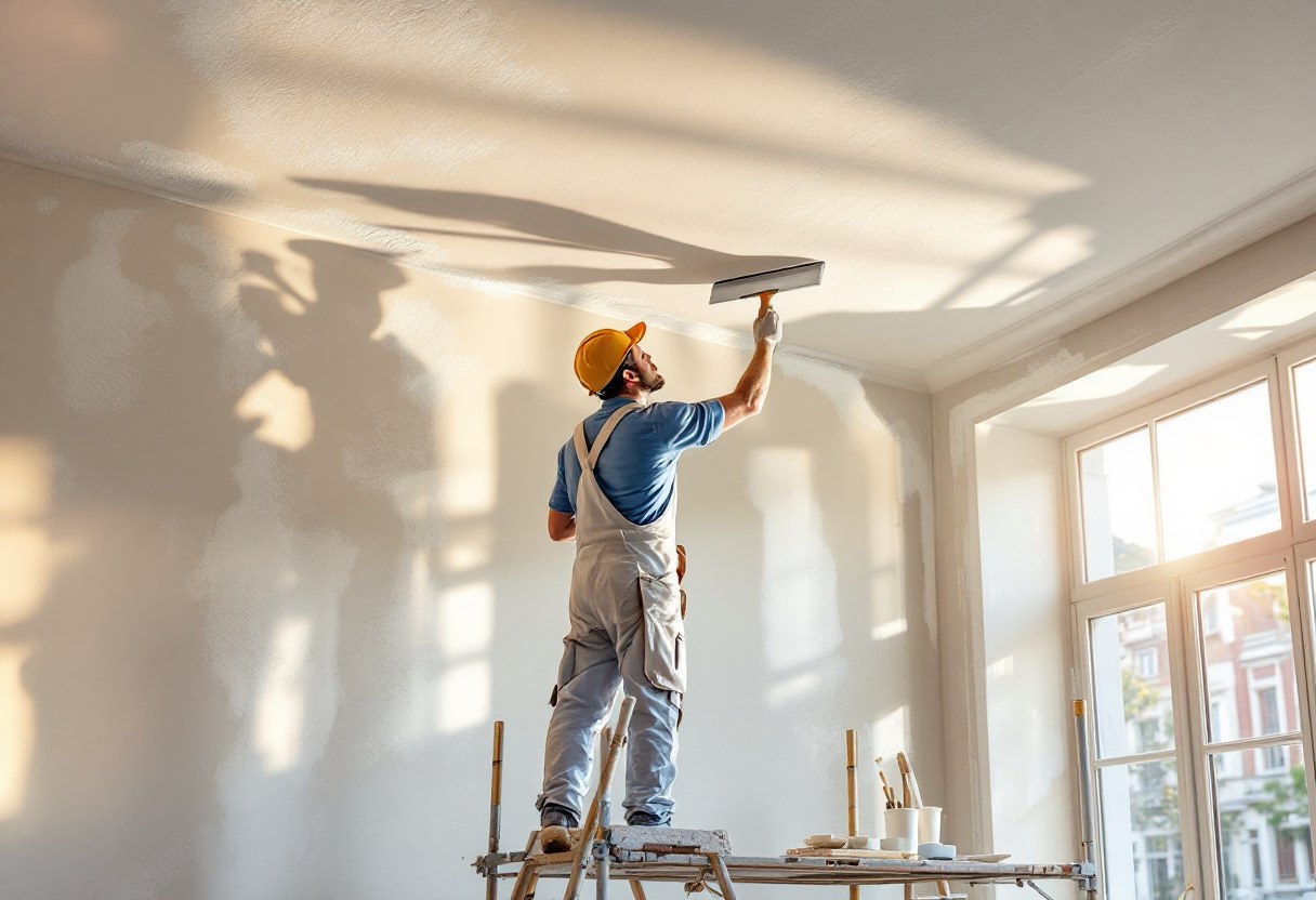 Plâtrier lissant un plafond lors d'une rénovation intérieure en Belgique