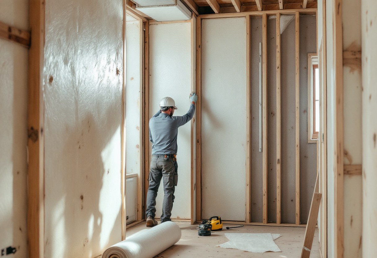 Pose de laine de verre dans les combles d'une maison belge rénovée