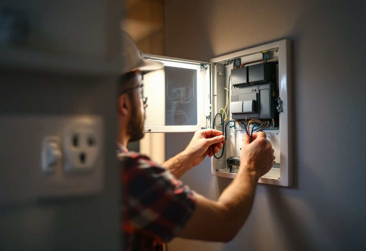Électricien vérifiant un tableau électrique rénové dans un appartement belge