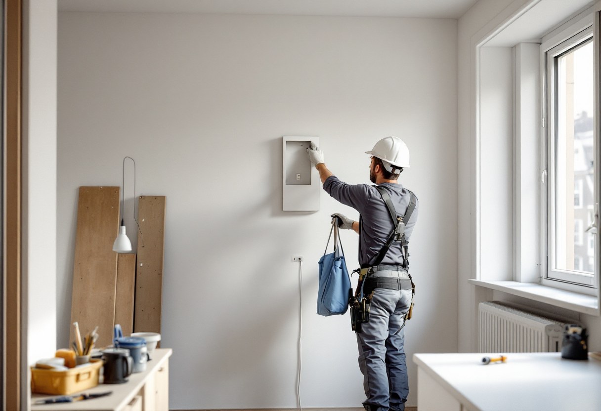 Électricien posant un tableau électrique dans une maison belge