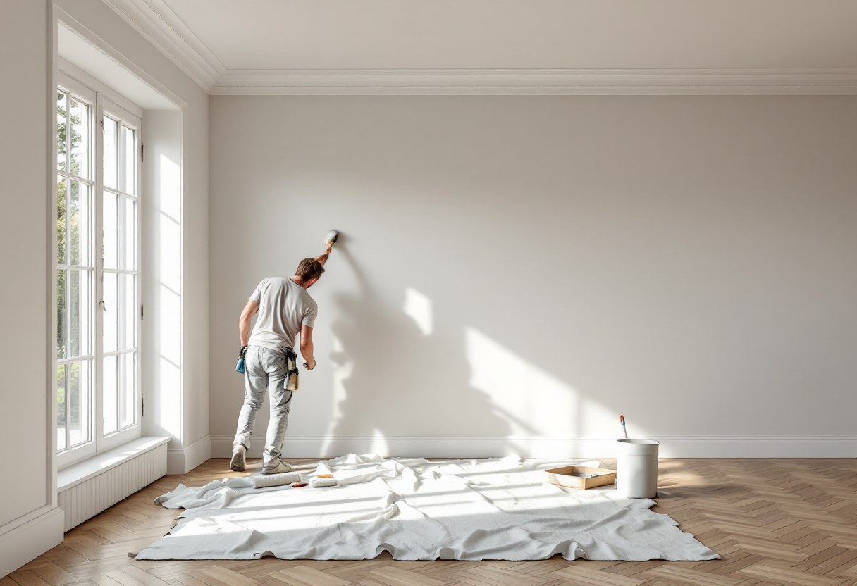 Peinture et finitions d'un salon dans une maison rénovée en Belgique